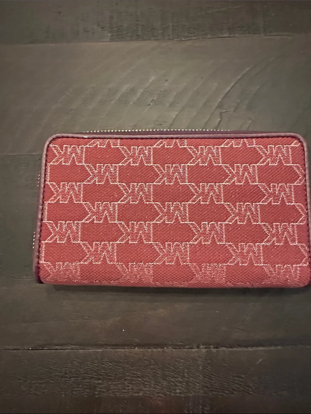 Michael Kors Maroon and Gold MK Logo Zip Wallet